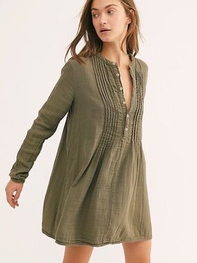 Boho Olive Green Pintuck Gauze Tunic Mini Dress Long Sleeve XS Free People x CP